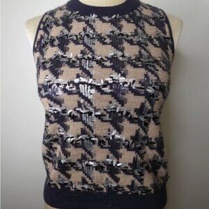 Ann Taylor Women's XS Wool Blend Houndstooth Sweater Vest Sequins Navy Cream